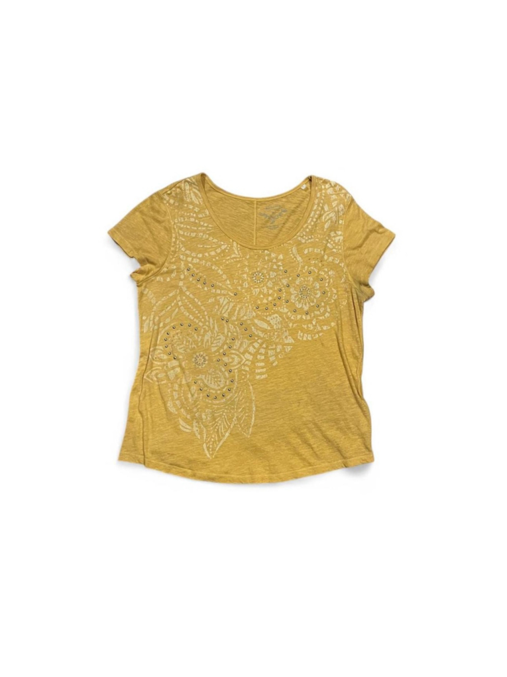 Yellow Sonoma top with white floral and paisley design and studs

cotton & polye